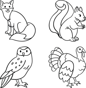 set of funny animals. Set of cute animals. Vector illustration in doodle style. Line Art