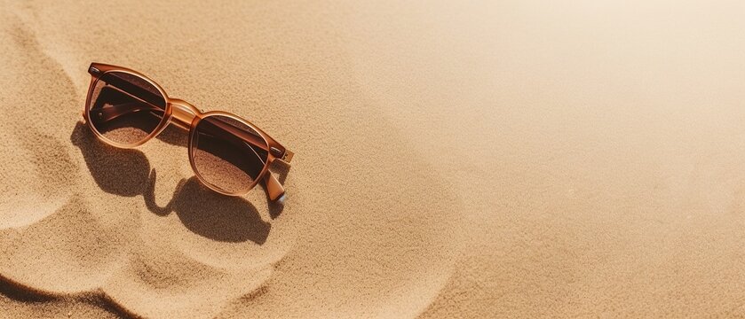 Top view summer sunglass on the sandy , Generative AI	
