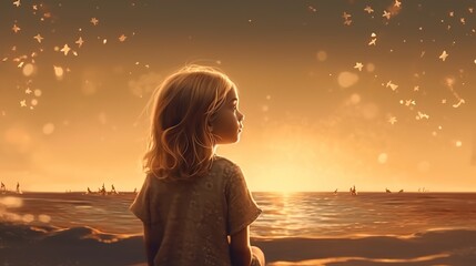 Fototapeta premium A child looking at the stars on the beach, in the style of light amber and gold , Generative AI 