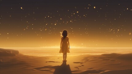 A child looking at the stars on the beach, in the style of light amber and gold , Generative AI	