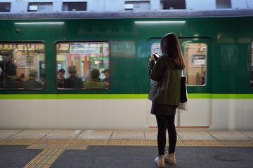 Asian young ladies taking photo of the train arrival at railway station. Travel concept.