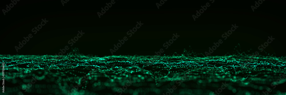 Poster dynamic green particle wave. futuristic point wave. flow digital structure. data technology backgrou