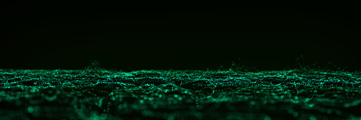 Dynamic green particle wave. Futuristic point wave. Flow digital structure. Data technology background. 3D rendering