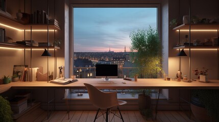 modern setup interior with table, chair and view of Paris