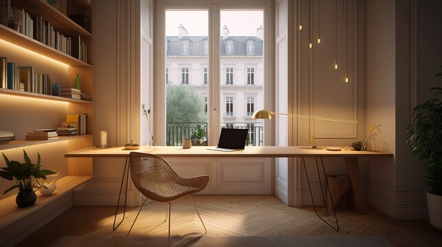 Modern Setup Interior With Table, Chair And View Of Paris