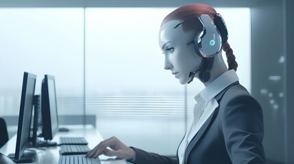 Futuristic humanoid robot AI assistant with headphones, expertly performing customer service tasks, showcasing the seamless integration of artificial intelligence for efficient support. Generative AI