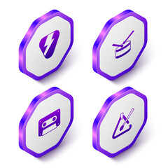 Set Isometric Guitar pick, Drum with drum sticks, Retro audio cassette tape and Triangle musical instrument icon. Purple hexagon button. Vector