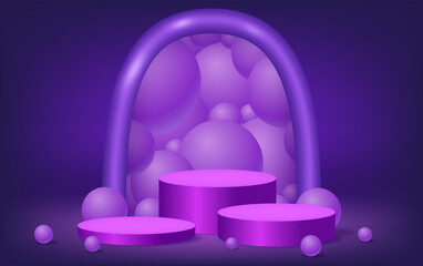Abstract room with purple pedestal podium, plastic arch shape and balls