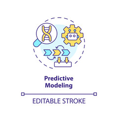 Predictive modeling concept icon. Analyze large datasets of patient information. AI and ML in precision medicine abstract idea thin line illustration. Isolated outline drawing. Editable stroke