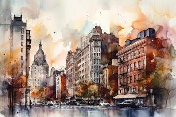 Watercolor modern cityscape building of newyork , drawn sketch illustration, generative AI