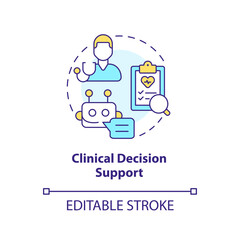 Clinical decision support concept icon. Technology of treatment improvement. AI and ML in precision medicine abstract idea thin line illustration. Isolated outline drawing. Editable stroke