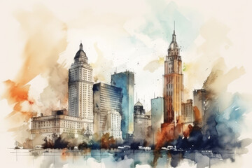 Fototapeta na wymiar Watercolor modern cityscape building of newyork , drawn sketch illustration, generative AI