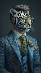 Tiger in a blue suit with glasses and tie -- Generative AI