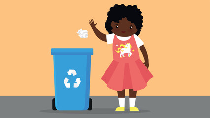 Little African American girl throwing trash in the trash can. Vector illustration