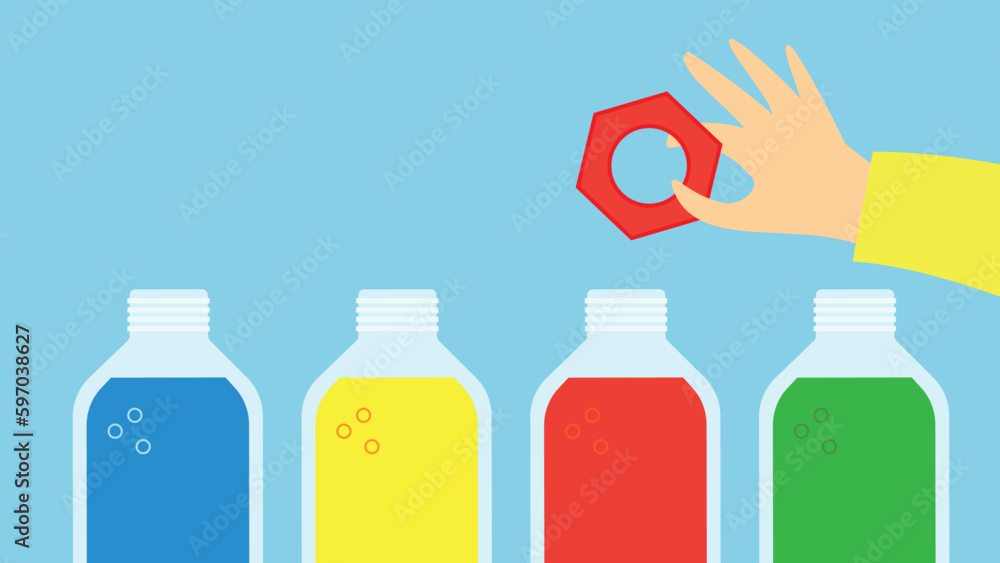 Poster Illustration of a hand holding a bottle of detergent in a row