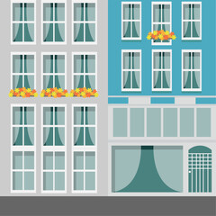 Old city summer. Part of an old gray and blue building, houses with windows, front, close-up, isolated. Element for design decoration. Vector image, illustration, graphic design.