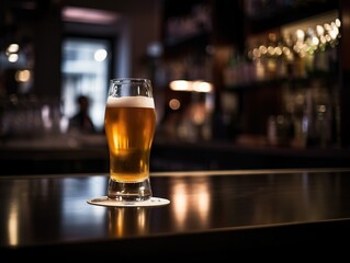Fototapeta na wymiar Ein Glas mit kaltem, frischen Bier auf dem tresen einer Bar oder eines restaurants, genartive AI
