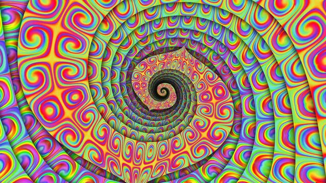 Seamless animation of psychedelic rainbow swirl of lines with turbulence. Spiral vortex colorful background. 