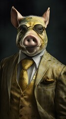 Pig in a golden suit with glasses and tie -- Generative AI