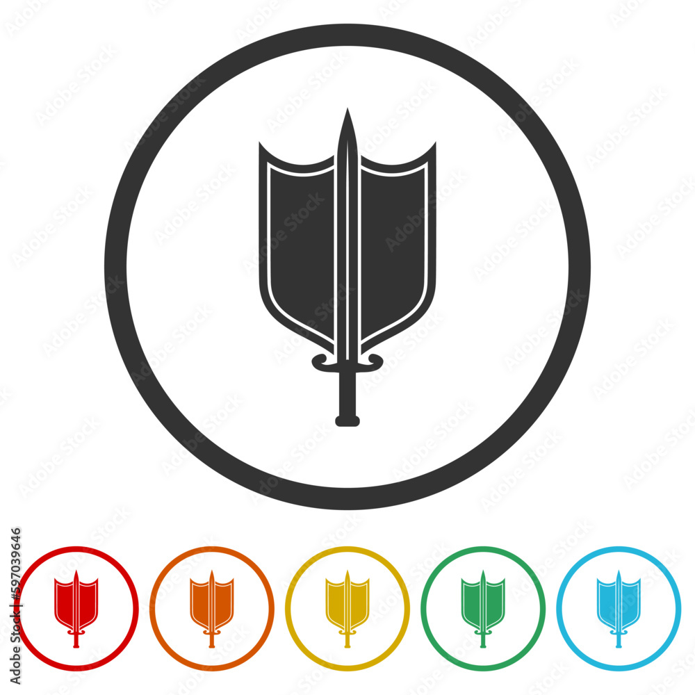 Sticker  Shield and sword icon. Set icons in color circle buttons