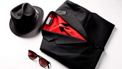 Men's accessories on a white background. Hat, sunglasses, suit jacket. generative ai.