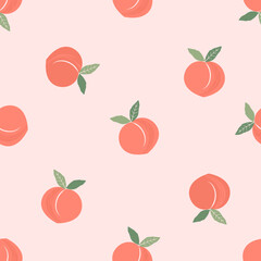 Seamless pattern of peach fruit with green leaves on pink background vector illustration.
