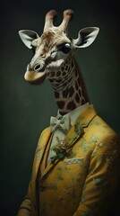Giraffe in a gold suit with glasses and tie -- Generative AI
