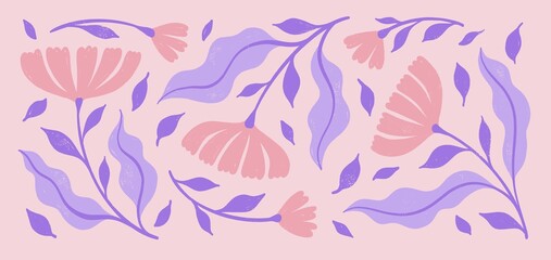 Fototapeta na wymiar Hand Drawn Matisse Floral Background Wallpaper Banner In Powder Pink & Light Purple