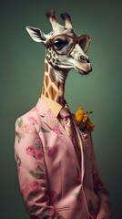Giraffe in a pink suit with glasses and tie -- Generative AI