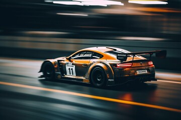 Fototapeta na wymiar Blurred motion motor sports car competitively races in tight quarters track. Generative AI