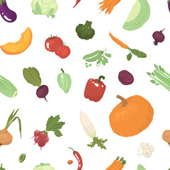 Endless, seamless pattern with different types of vegetables. Decor for kitchen, grocery store, farm products. Vector illustration. Transparent background.