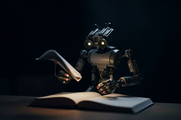 A robot is reading a book on a plain background. Generative AI