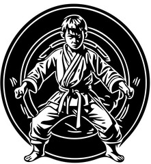Karate kid emblem logo in black and white, vector illustration of a martial artist 
