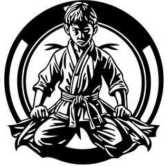 Karate kid emblem logo in black and white, vector illustration of a martial artist 