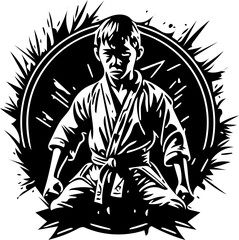 Karate kid emblem logo in black and white, vector illustration of a martial artist 