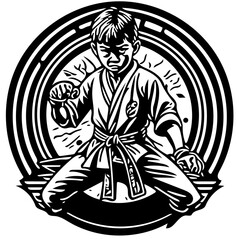 Karate kid emblem logo in black and white, vector illustration of a martial artist 