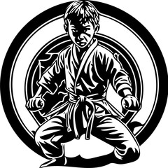 Fototapeta na wymiar Karate kid emblem logo in black and white, vector illustration of a martial artist 