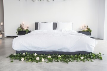 cozy bed with white sheets and flower petals scattered on the floor. Generative AI