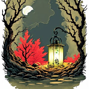 Illustration of a lantern in a magical forest. Vintage lantern on the forest with a magical forest at night sky background.