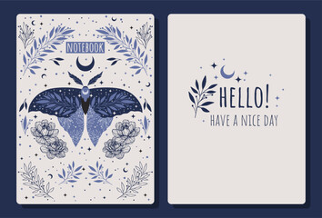 Cover design with moth pattern. Hand drawn elements. Invitation, greeting card, cover book, notebook. Vector illustration