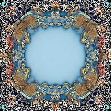 Circle frame with oriental ornaments on blue background. Decorative line art frame for design template with AI Generated. Elegant vector element Eastern style, place for text.
