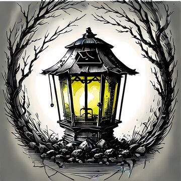 Illustration of a lantern in the forest with AI Generated. Vector illustration for your design with a dark background.