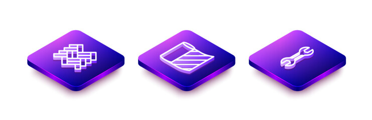 Set Isometric line Parquet, Wallpaper and Wrench spanner icon. Vector