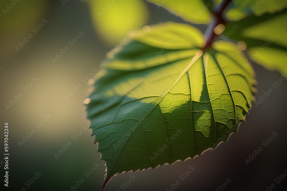 Poster focus is on the leaf, while the surrounding environment is obscured. generative ai