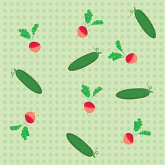 Cartoon vegetables cucambers and radish vegetarian food pattern, vector vegan green color background.