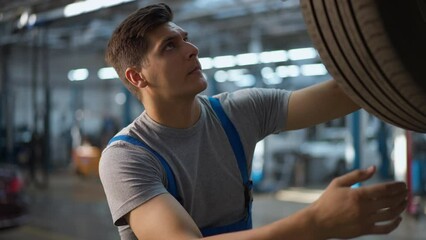 Serious man spinning car wheel examining broken vehicle at service station indoors. Portrait of focused young handsome Caucasian mechanic repairing automobile thinking