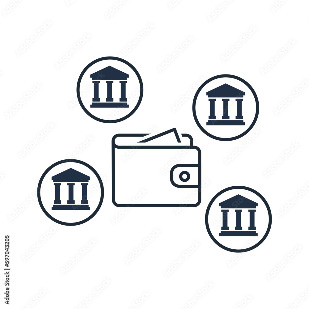 Poster wallet associated with different banks. financial efficiency, operativeness.vector linear icon isola