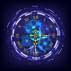 Futuristic Sci-Fi glowing golden clock. Abstract time machine and gear background. Virtual reality gold timer. Deadline concept
