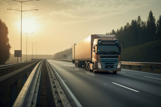 The sun sets over a semi truck carrying vital supplies, traveling down a busy highway logistics at its finest. AI Generative.
