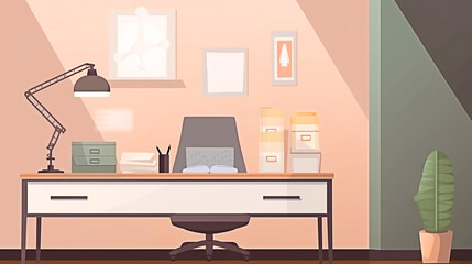 Office interior with furniture. Watercolor illustration in a flat style. work place.